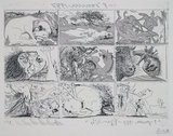 'The Dream and Lie of Franco' is a series of two sheets of prints, comprising 18 individual images, and an accompanying prose poem, by Pablo Picasso produced in 1937. The sheets each contain nine images arranged in a 3x3 grid. The first 14, in etching and aquatint, are dated 8 January 1937. The remaining 4 images were added to the second printing plate later, without use of aquatint, and dated June 7, 1937.<br/><br/>

'The Dream and Lie of Franco' is significant as Picasso's first overtly political work and prefigures his iconic political painting 'Guernica'. The etchings satirise Spanish Generalísimo Francisco Franco's claim to represent and defend conservative Spanish culture and values by showing him in various ridiculous guises destroying Spain and its culture while the poem denounces 'evil-omened polyps'. Three of the four images added in June 1937 are directly related to studies for 'Guernica'.<br/><br/>

The individual images were originally intended to be published as postcards to raise funds for the Spanish Republican government, and sold at the Spanish Pavilion of the 1937 World's Fair, although it is unclear whether any prints were made or sold in postcard format.